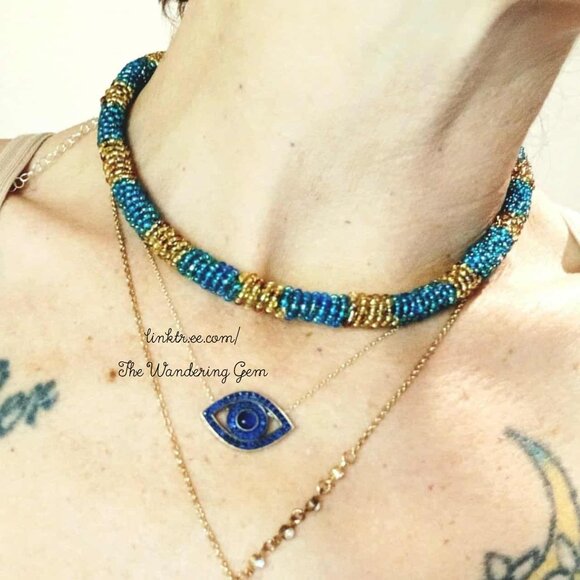 Beaded Rope Choker Necklace, Blue & Gold Seed Bead Jewelry, Boho Statement - Picture 6 of 6